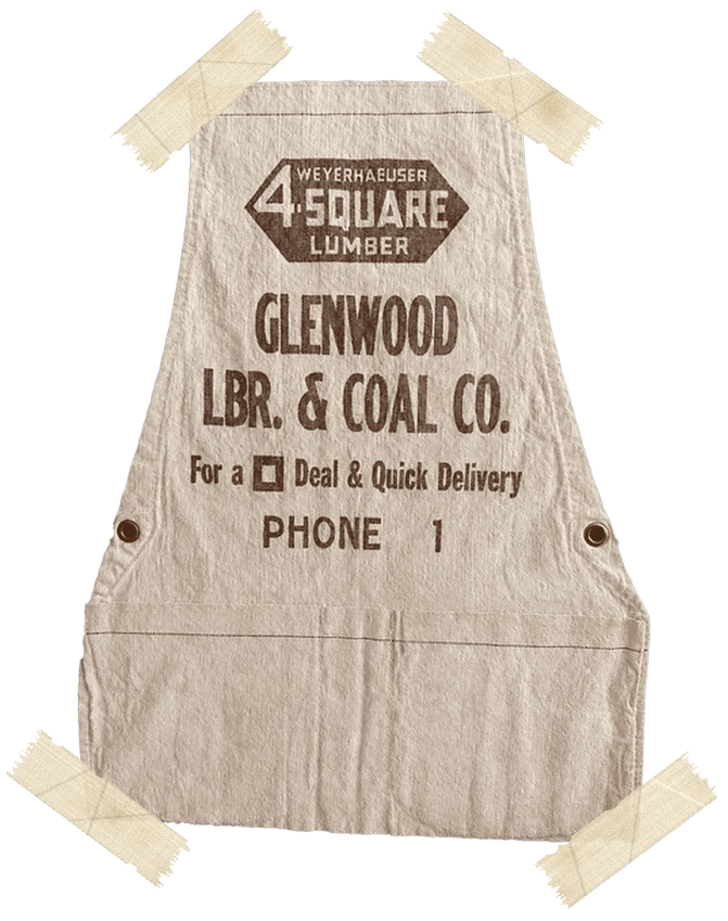Vintage Glenwood Lumber & Coal Co. work apron printed with the slogan 'For a square deal and quick delivery, phone 1'