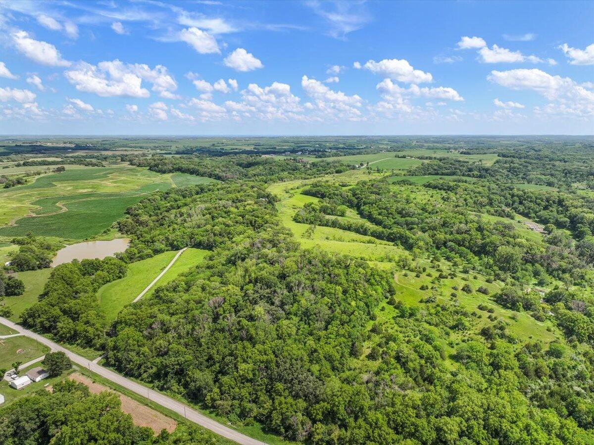Aerial view of rolling timber, pasture, and a pond in the Southwest Iowa hills