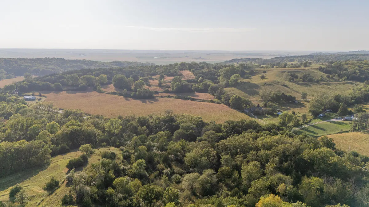 Aerial view of wooded Loess Hills ridges, pasture, and farm fields near 242nd and Masters Road, Glenwood, Iowa